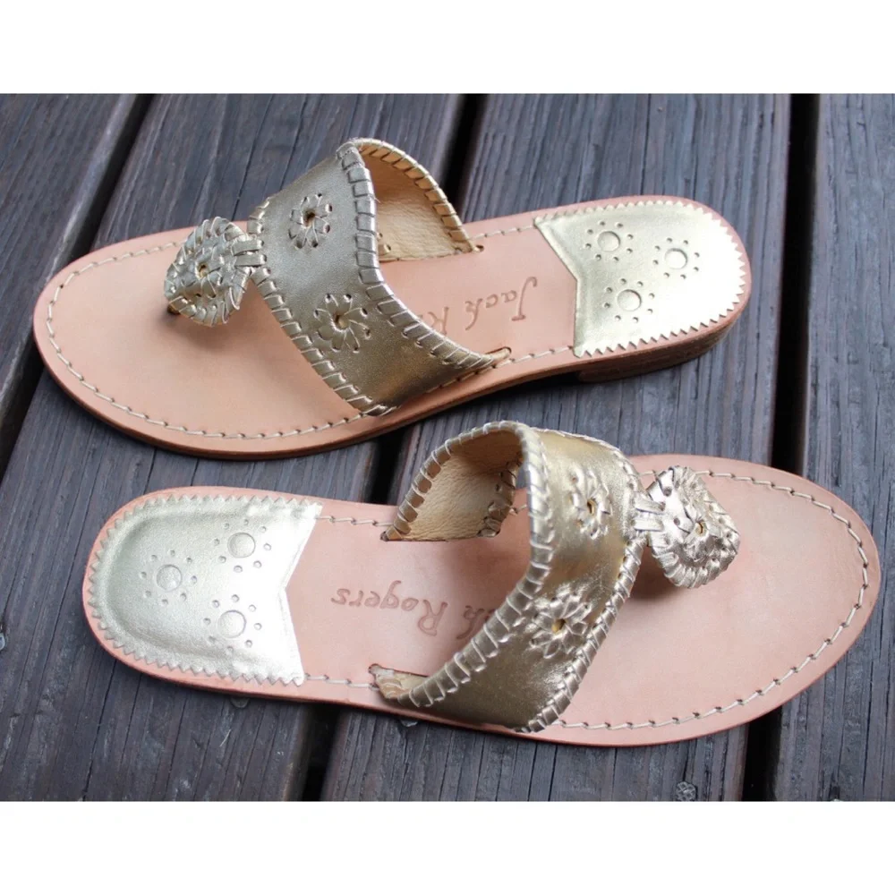 Jack Rogers Leather Flat Sandal Preowned 8.5 Platinum Gold